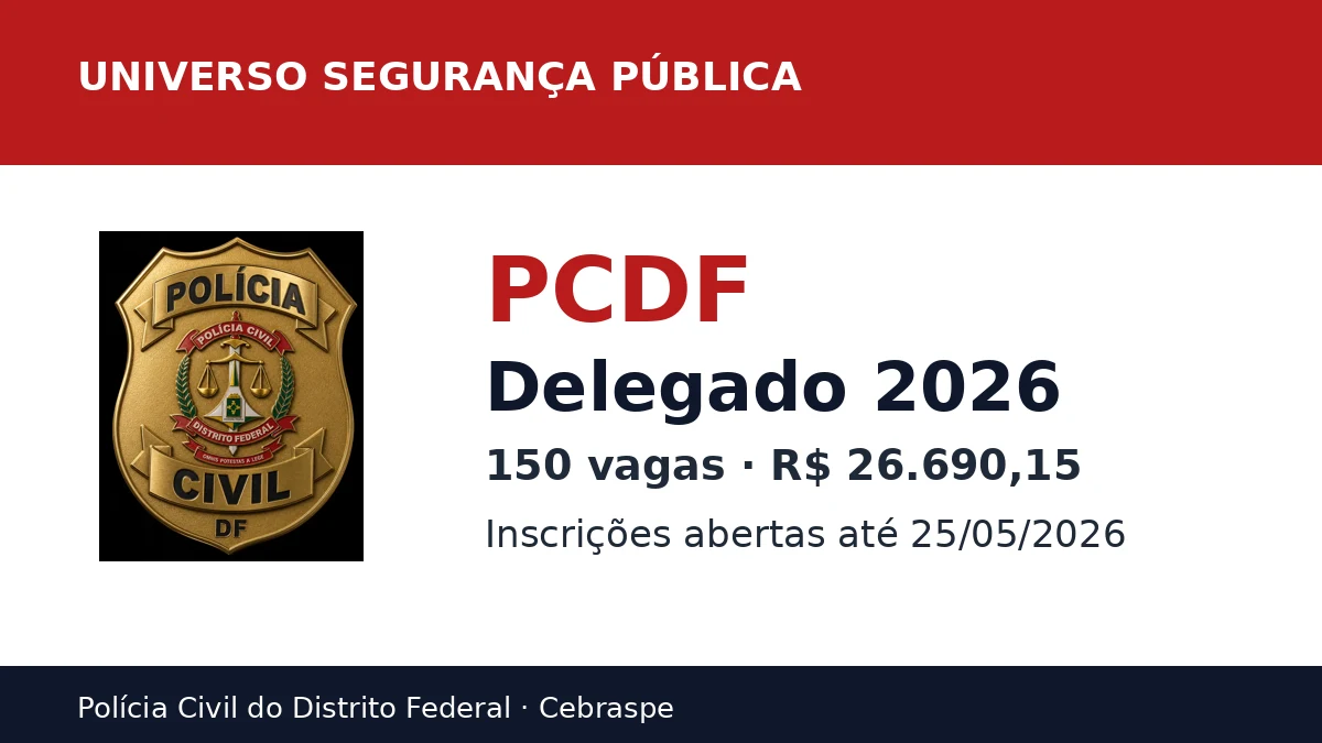 Arte informativa do Universo Segurança Pública sobre concurso da PCDF para Delegado 2026