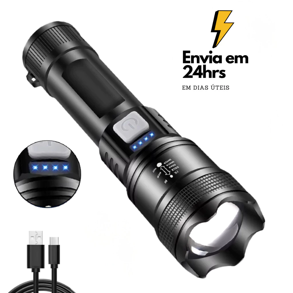 Lanterna Led Militar 3 Em 1 T9 Tática Potente Forte Longo Alcance USB Recarregável Pesca Camping