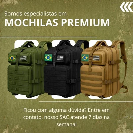 Mochila Militar Tática Impermeável 50 L Grande Reforçada c/ 2 Bandeiras Brasil/EUA